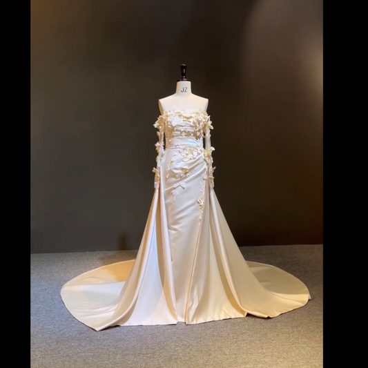 Custom Ivory Silk Two-in-One Wedding Gown with Handmade Flowers