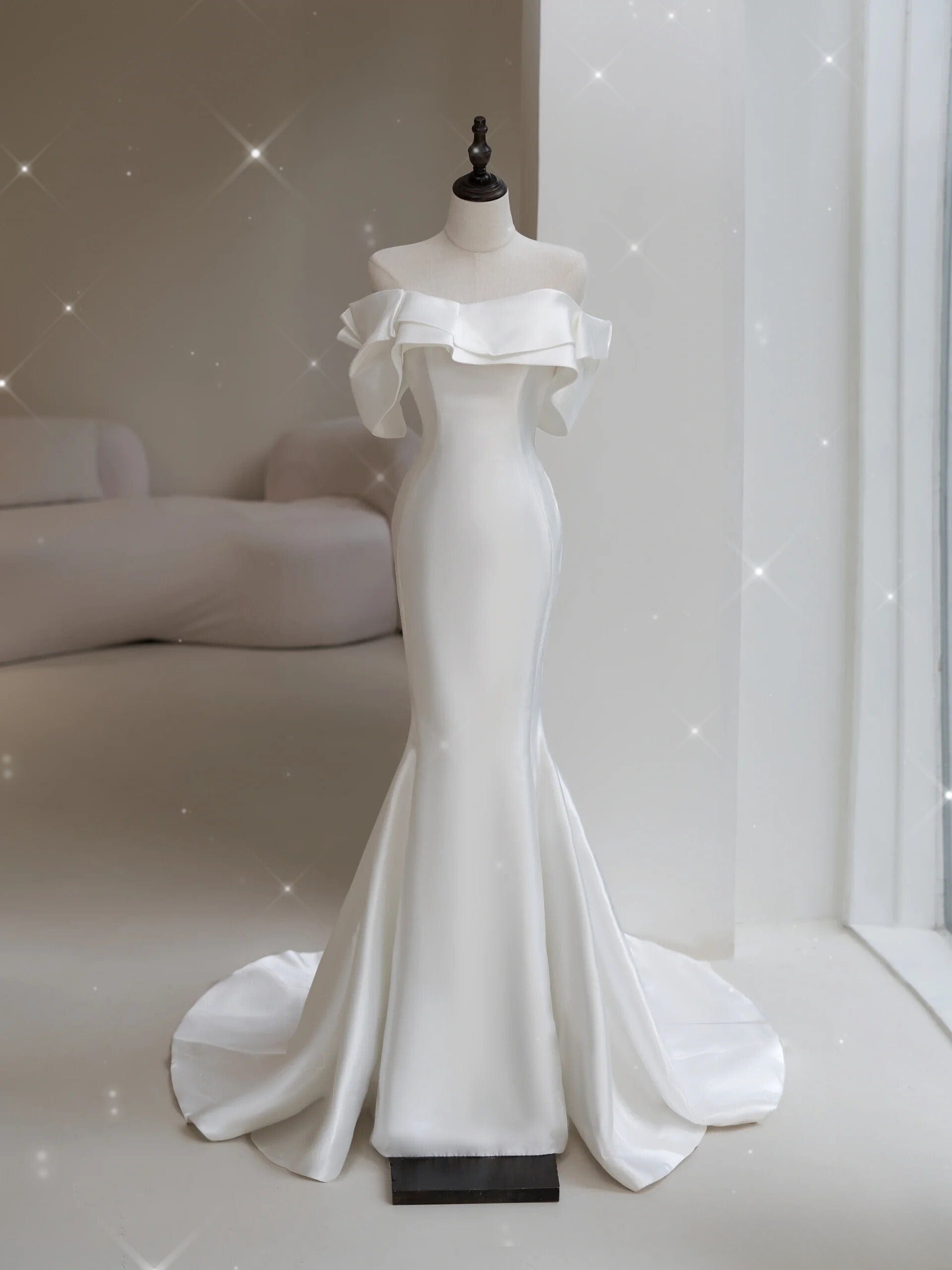 Ruffled Off-the-Shoulder Silk Mermaid Wedding Dress