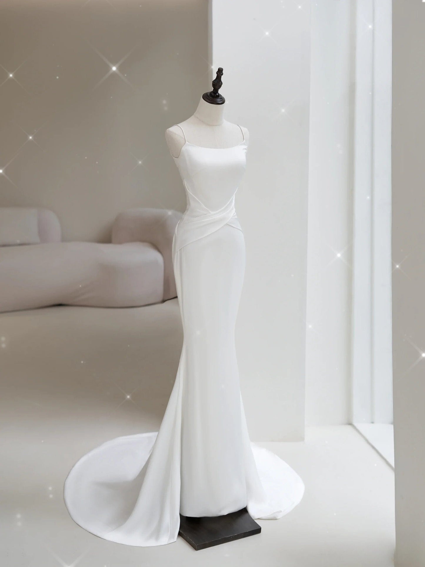 Custom Made Minimalist Heavy Silk Wedding Dress With Ruching