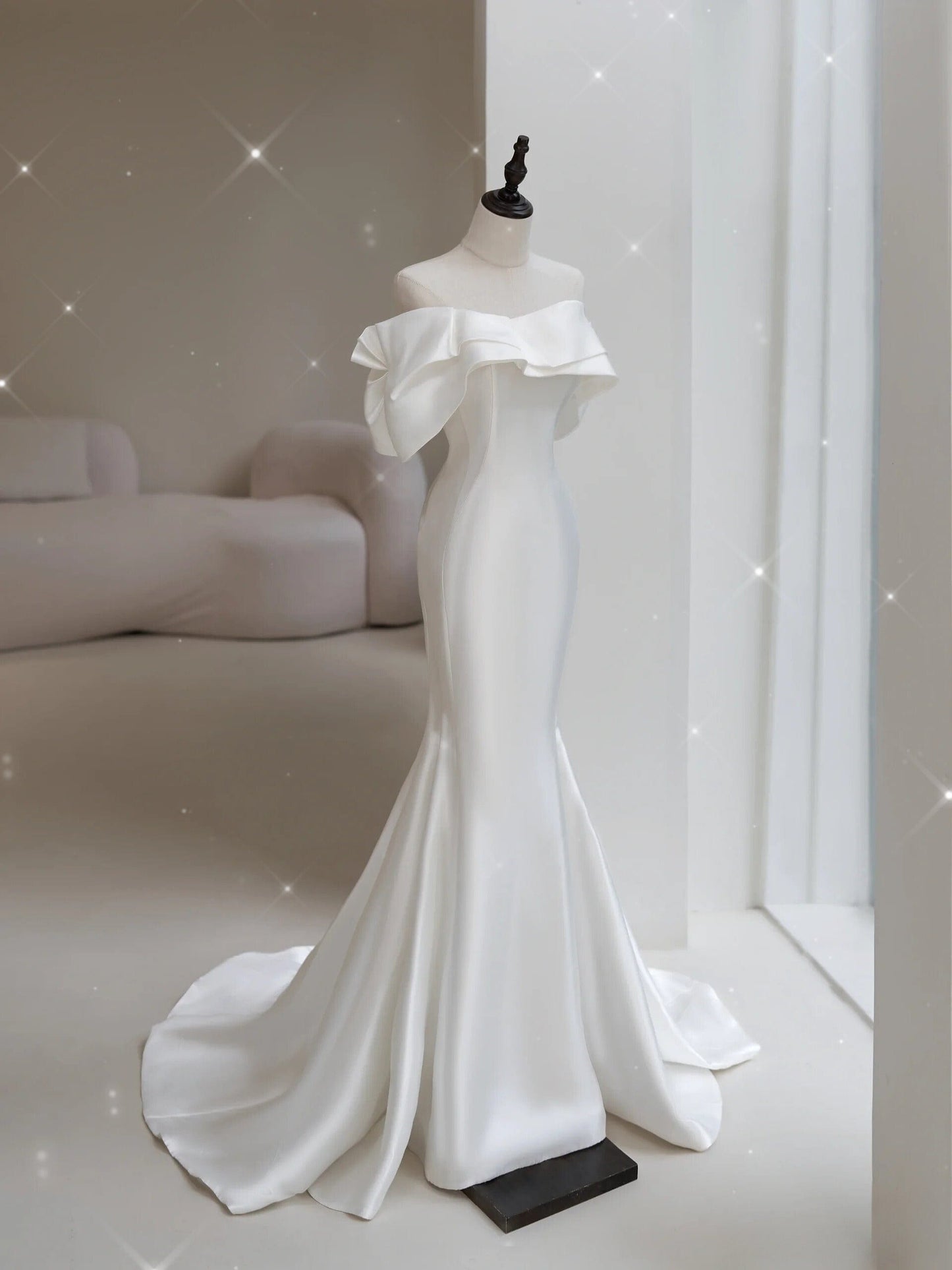 Custom Off-the-Shoulder Silk Mermaid Wedding Dress