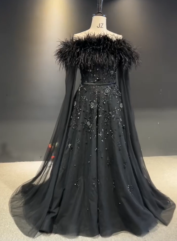 Custom Black Cape Sleeve Ballgown Wedding Dress Off-shoulder