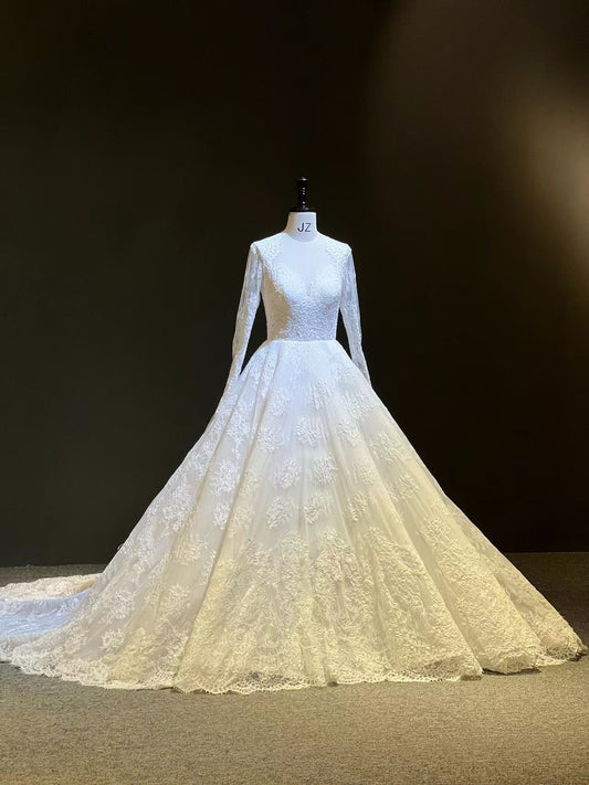 Custom Long Sleeve Heavy Lace Ballgown Wedding Dress