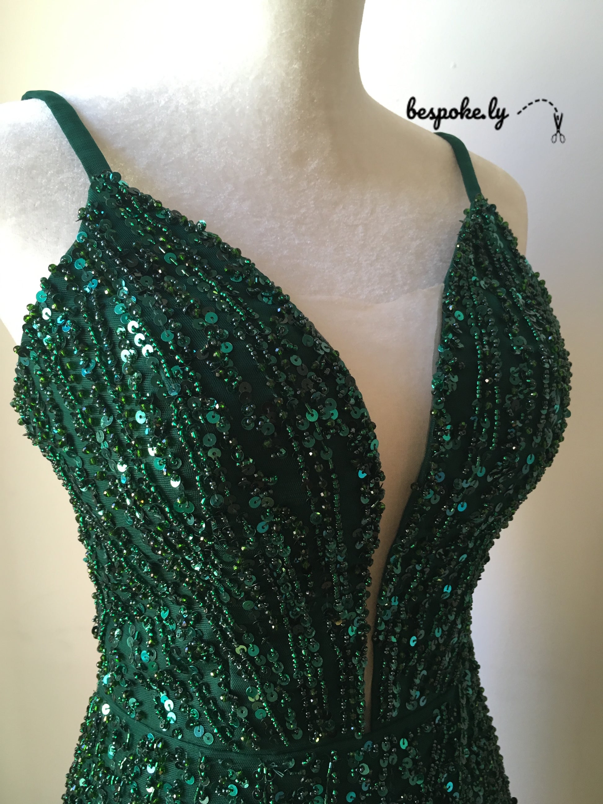 Emerald Beaded V-neckline Front Slit Evening Dress 