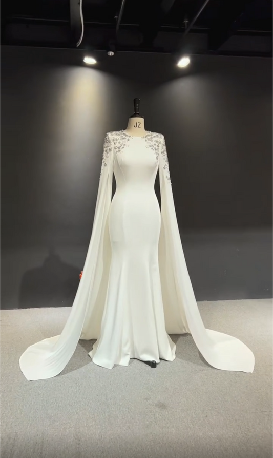 Custom Cape Sleeve Silk Wedding Dress