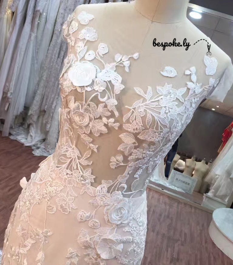 See-Through Mermaid Lace Wedding Dress with Asymmetrical Floral Embroidery